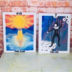 Set of Two Original Colorful Painted Canvas Colorful Tarot Card Wall Art Set